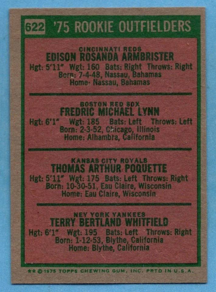 1975 Topps Mini 622 Rookie Outfielders NEAR MINT Fred Lynn RC Red Sox 1975-topps-mini-622-rookie-outfielders-near-mint-fred-lynn-rc-red-sox