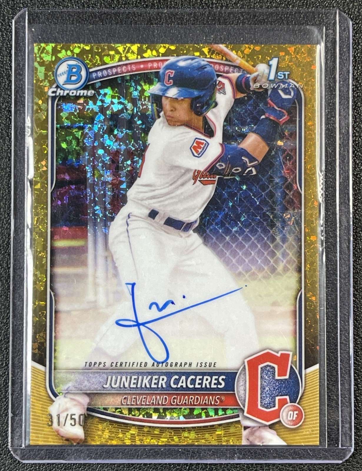 JUNEIKER CACERES 2025 BOWMAN CHROME 1ST GOLD MINI DIAMOND REFRACTOR AUTO 31/50
