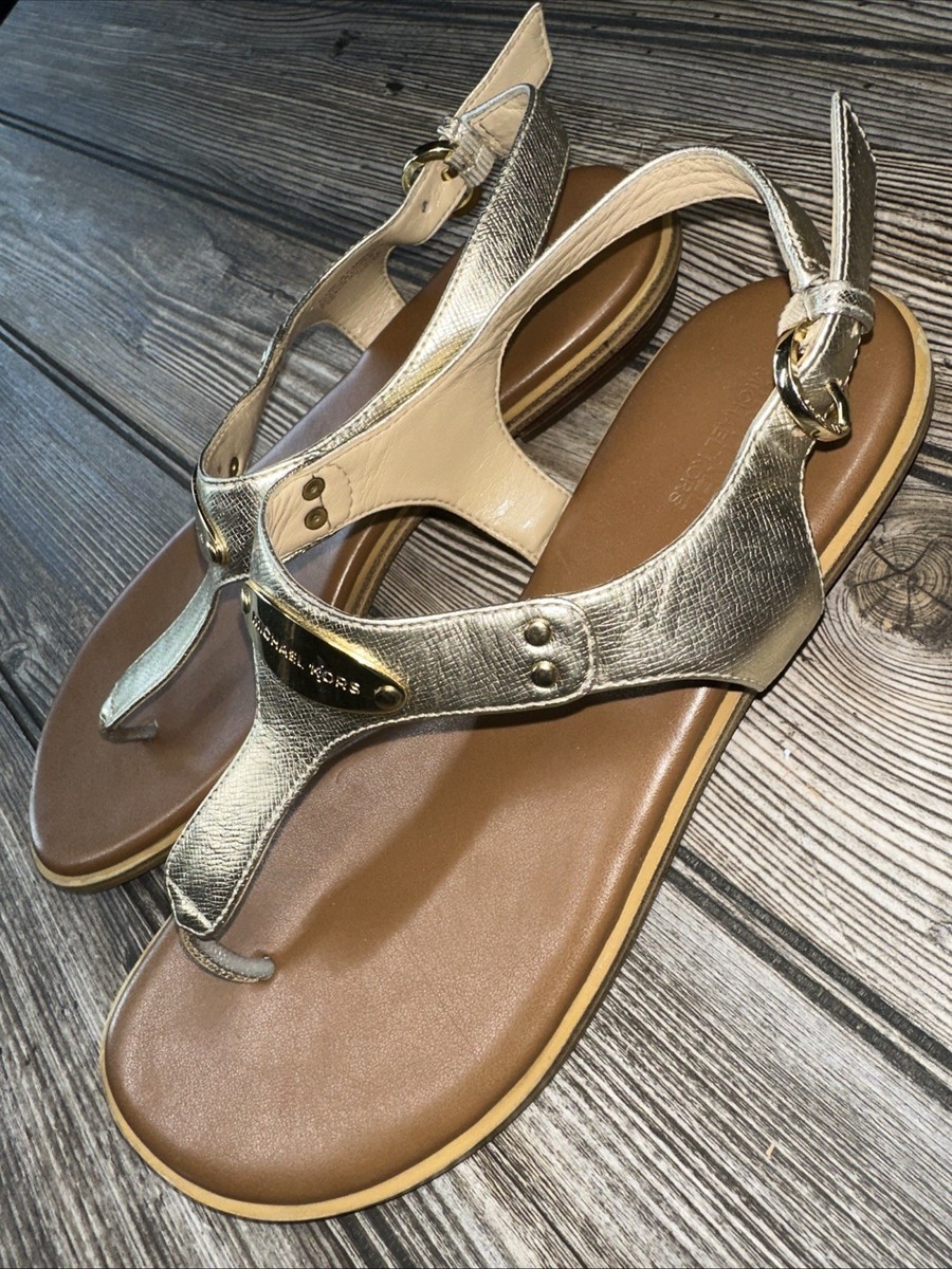 Michael Kors MK Plate Thong Metallic Leather Pale Gold