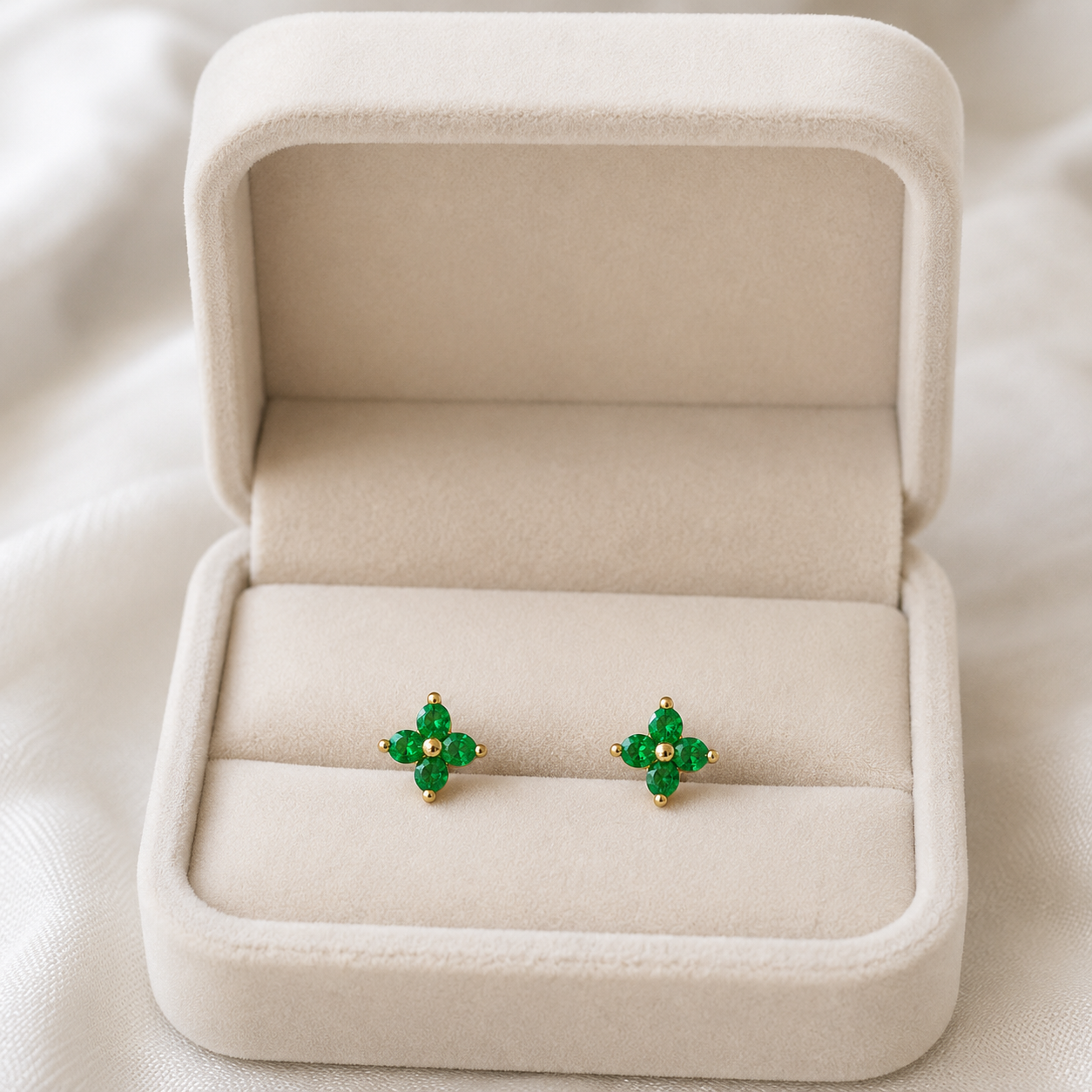 1ct Round Cut Simulated Green Emerald Flower Stud Earrings 14k White Gold Plated