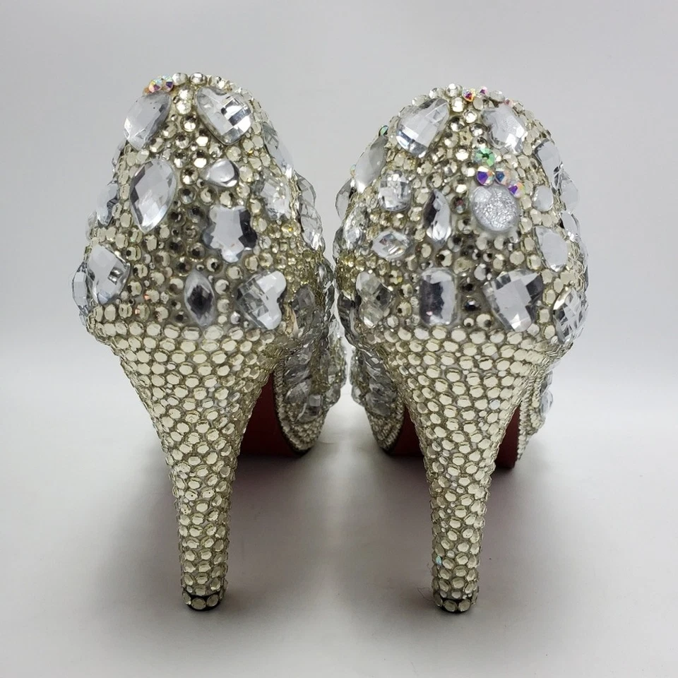 Zapatos de tacón de boda con cuentas de diamantes de imitación de cristal de Cenicienta talla 42 parte inferior roja Foto 4 de 4