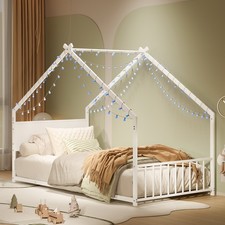 Twin Size Children Kid Tent-Roof Floor House Bed Frame w Slats LED Light Strips