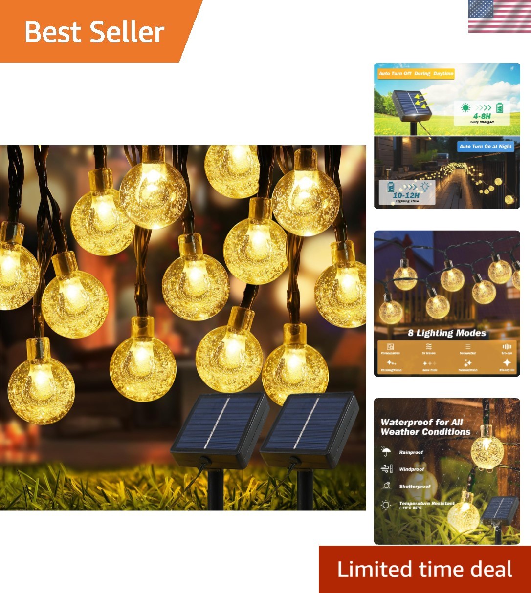 72FT Solar String Lights 120 LED Waterproof Outdoor Party Decor with 8 Lighting Modes