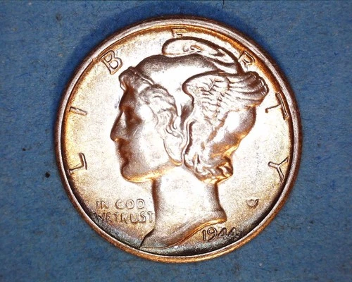 1944-S Mercury Head Silver Dime  AU  "BLUE TONING"  **106-6A