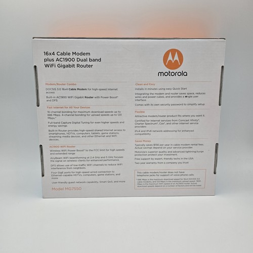 Motorola MG7550 16x4 Cable Modem Plus AC1900 WiFi Router Never Used - Picture 2 of 3