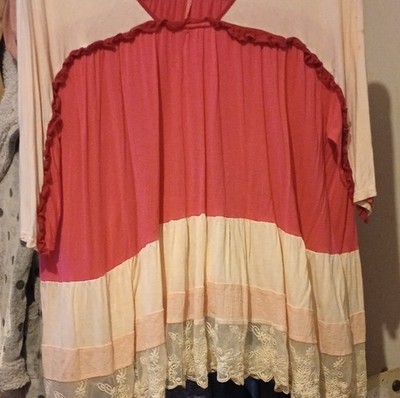 Umgee Pink Cream Ruffle Lace Long Sleeve Tunic Blouse for Women Size lg