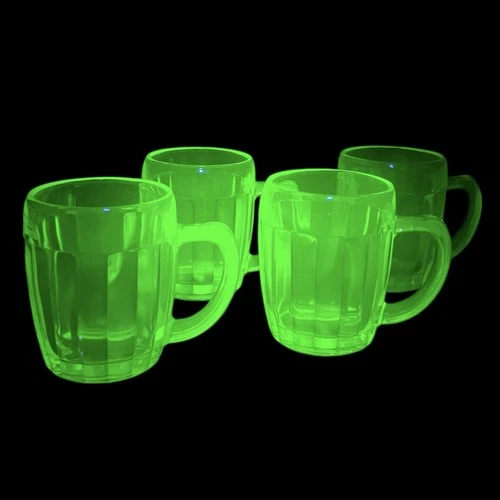 Vintage Uranium Glass Beer Mugs Anchor Hocking Pillar Optic Pretzel Mugs 4 Mugs