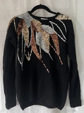 Vintage 1980s Silk Nylon Angora Knit Sequins Black Sweater Women Large L