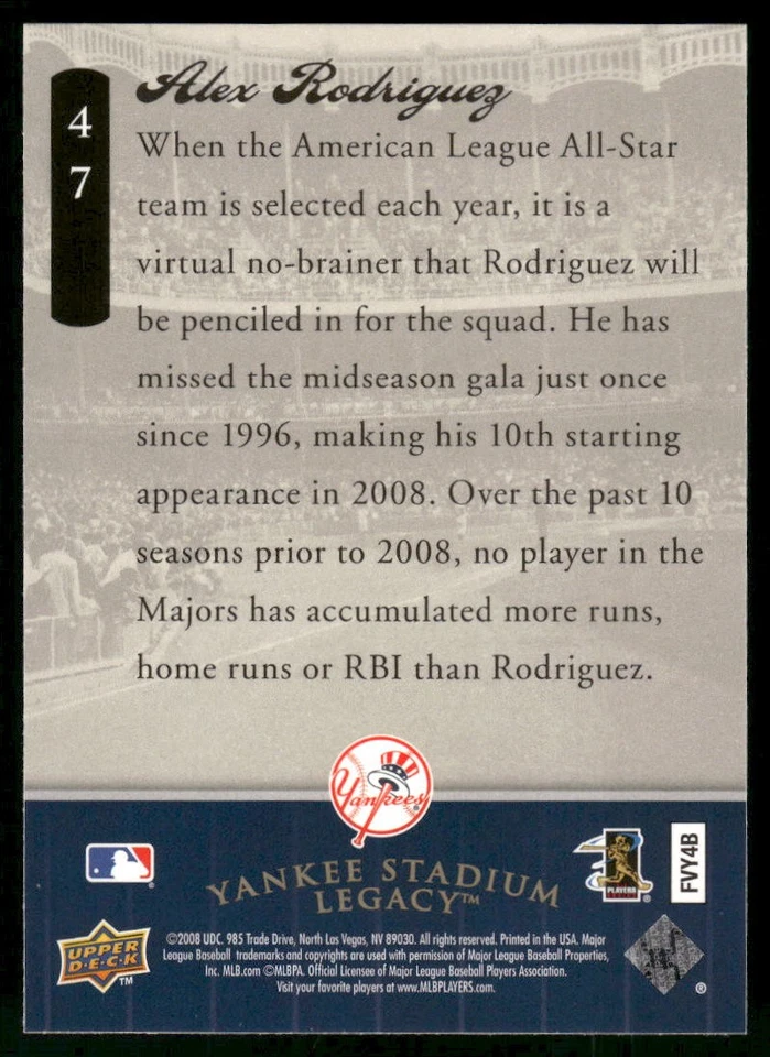 Alex Rodriguez 2008 Upper Deck Yankee Stadium Legacy Final Season Yankees #47 NM - Image 2 of 2