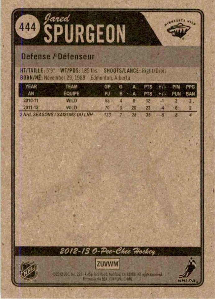 2012-13 O-Pee-Chee Jared Spurgeon #444 - Image 2 of 2