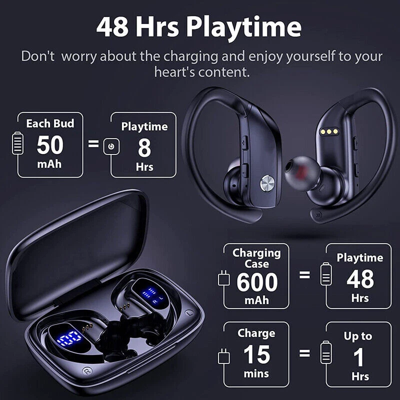 Bluetooth Headset 5.1 TWS Wireless Earphones Earbuds Headphones Stereo Ear Hook - Image 3 of 4