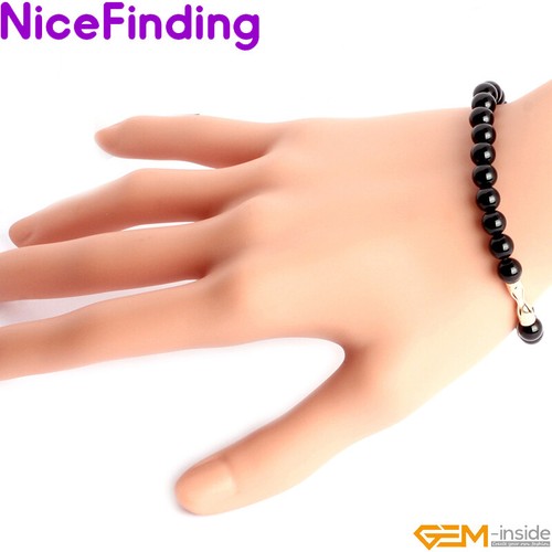 Natürlicher schwarzer Onyx Achat Perlen Stein dehnbares Armband 7 1/2" Charm Schmuck - Bild 26 von 34