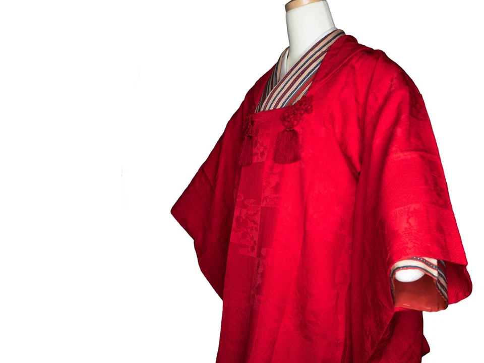 Abrigo Michiyuki Vintage Rojo Escarlata Seda Borlas Grandes para Kimono Kitsuke: May21A Foto 4 de 4