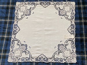 Lace Cutwork on White Linen with Hand Embroidery - 25" square