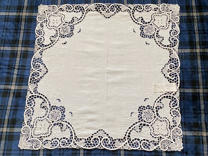 Lace Cutwork on White Linen with Hand Embroidery - 25" square