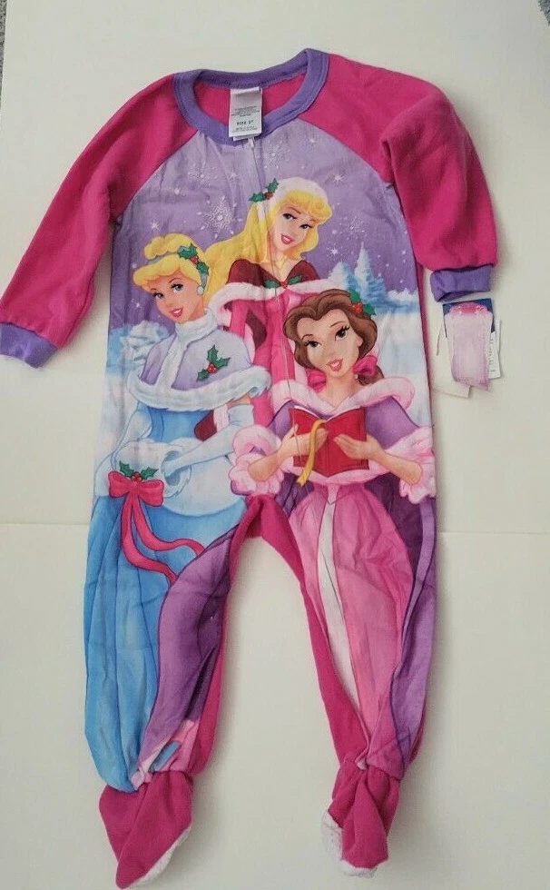 Girls Disney 4 Princess 1 Piece Dark Pink Purple Pajama s Feet 2T 4T