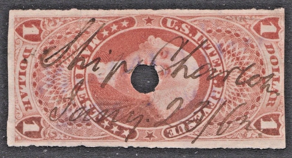 US Revenue (Scott R72a) 1862 First Issue $1 red MANIFEST USED MC "Ship Charlton" - Image 2 of 2
