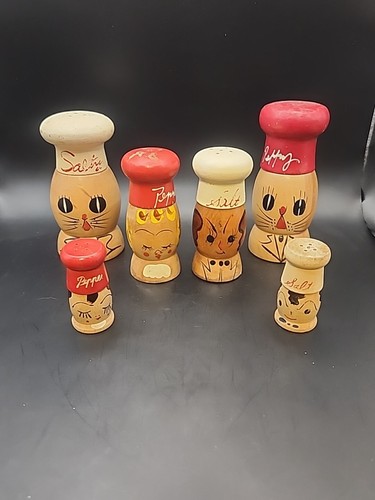 Vintage Lot 3 Japan Salty & Peppy Wooden Salt and Pepper Shakers Sets Kitsch