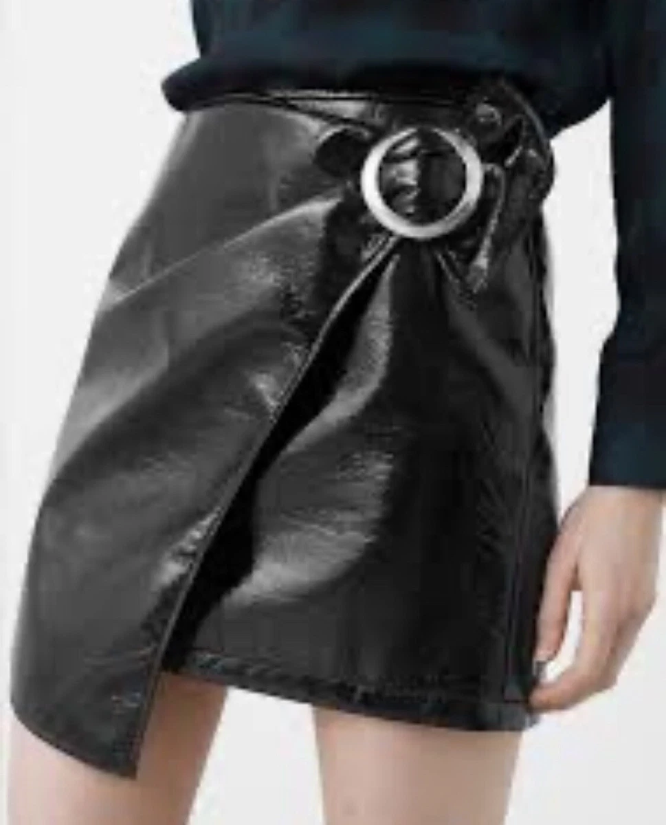 Mango Black Faux Leather crinkle patent buckle wrap asymmetric skirt 36 NWT