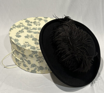 Bollman Doeskin Felt 100% Wool Fascinator Hat, Feather Trim- Made in USA Vintage Geo W Bollman Hat Doeskin Felt 100% Wool Black  main image 2