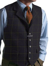 Men's Tweed Wool Waistcoat Vest Lapel Plaid Suit Vest Tuxedo Vest for Grooms Men