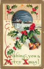 Postcard Christmas Wishing You A Merry Xmas Holly Berries Snow Embossed DB
