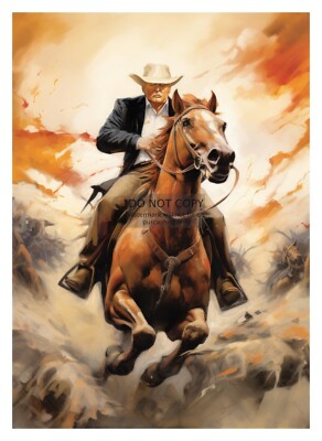 PRESIDENT DONALD TRUMP AS A COWBOY RIDING HORSE SCENIC 5X7 AI PHOTO