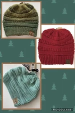 NWT C.C Exclusives Beanie Hat Women's Ribbed One Size  Red - Green Messy Bun