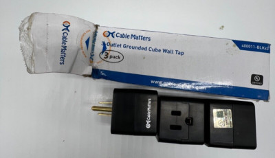 (QTY 3) Cable Matters 3 Outlet Grounded Power Cube Wall Tap Adapter 400011-BLK