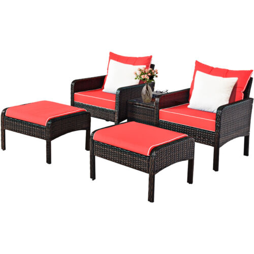 5 PCS Patio Rattan Furniture Set Sofa Ottoman Table Cushioned Yard Red