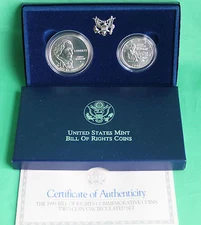 1993 BU Bill of Rights Silver 2 Coin US Mint Commemorative Silver Dollar & Half