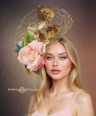 Golden Royal Ascot Hat Fascinator Kentucky Derby Hat Gold Pink Rose Flower Green