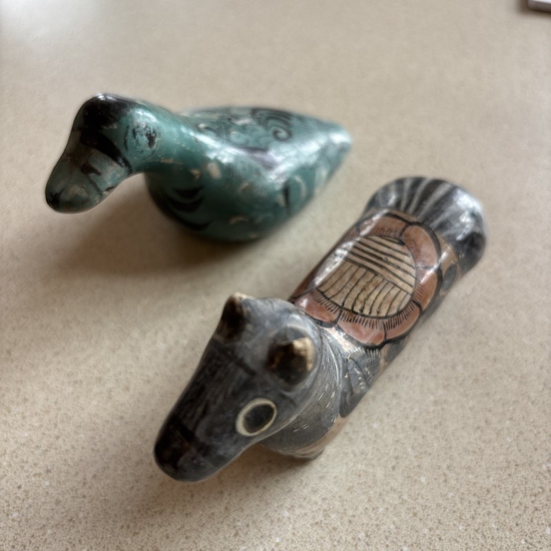 Mexican Tonala Pottery Bird/Horse Figures Lot of 2 Handpainted Floral Folk VTG