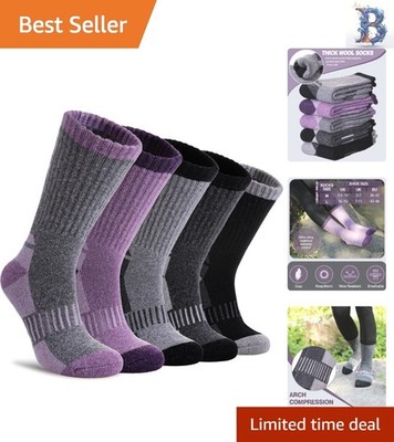 Warm Crew Socks for Women - 5 Pack High Elasticity Merino Wool Hiking Socks
