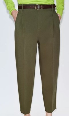 Zara - Belted Pleated Pants - Khaki - Xs - Woman