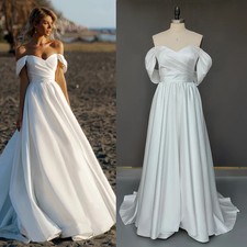 Simple A-Line Wedding Dresses Off Shoulder Satin Ruched Sweep Train Bridal Gowns