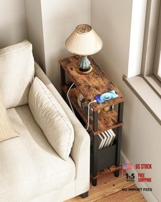 Small Narrow Side Table with Charging Station, Skinny 1 Rustic Brown + Black