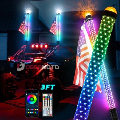 2X 3FT LED RGB Fat Whip Light with Strobe Light For UTV ATV Polaris RZR Can-Am