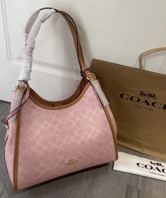 NEW COACH Pink Signature Hobo Shoulder Bag Leather Trim Purse NWT