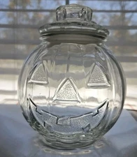 Vintage Libbey Canada Clear Glass Jack-O-Lantern Pumpkin Candy Container w/ Lid