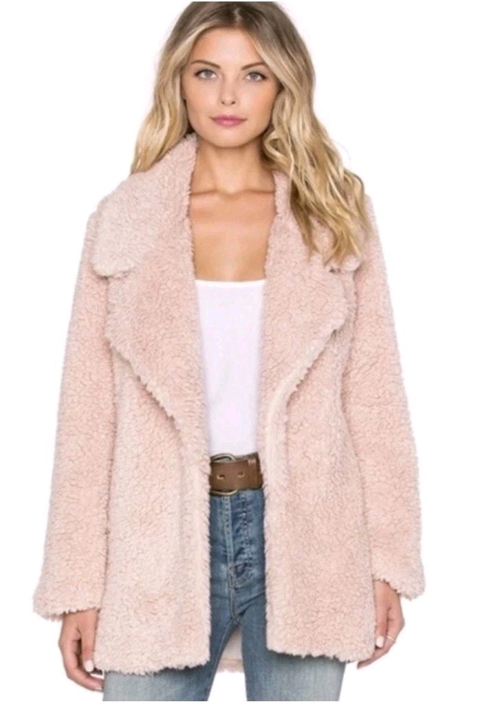 Revolve Tularosa Faux Fur Teddy Coat Jacket Open Light Pink Pockets Winter Med