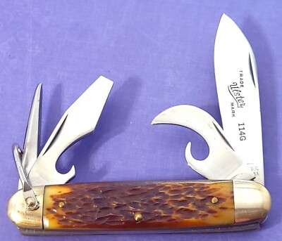 ULSTER Knife Made In USA 114G Campers Multi Tool Jigged BONE Handles Vintage NOS