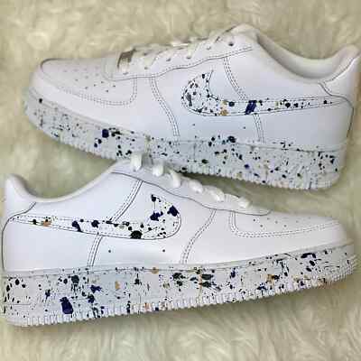 Nike Air Force 1 Custom White Shoes ''Navy Gold & Green Splatter'' Mens Womens