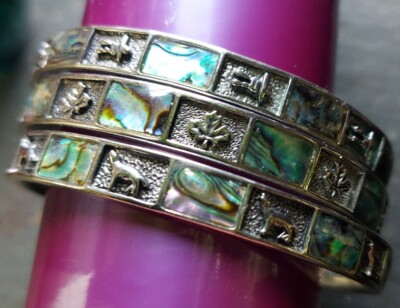 3 Abelone & Silver Tone Bangles Feat. Maple Leaf, Endangered Wolf From Mexico 