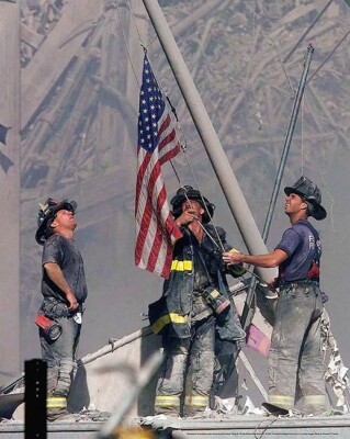 RAISING THE FLAG AT GROUND ZERO 9/11 FIREFIGHTER PHOTO PRINT - Genuine Licensed