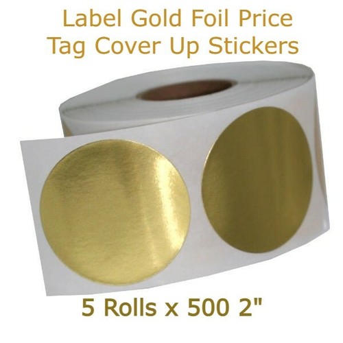 5 Rolls Label Stickers Gold Foil Price Tag Cover Up 500 2” in Round Seals Self
