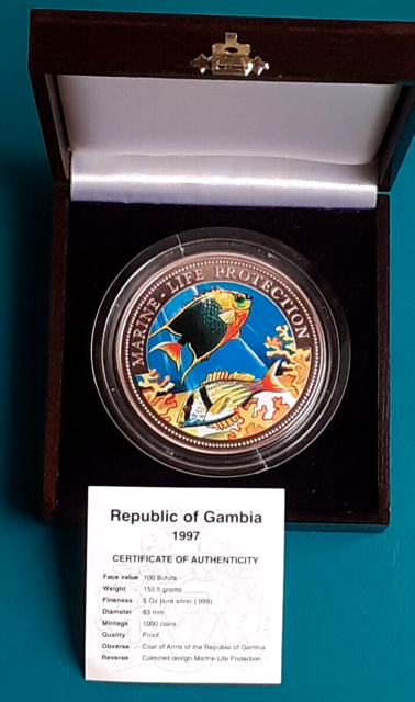 100 Bututs 1997 Gambia "Marine Life Protection" Farbmünze 5 OZ Fische in BOX+COA