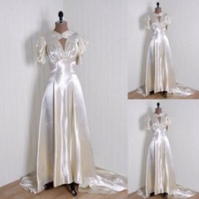 Vintage Short Sleeves Wedding Dresses Satin A Line Court Train Satin Bridal Gown
