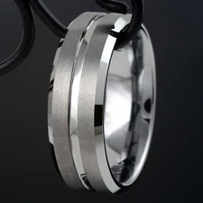 8mm Tungsten Men's Grooved Center Beveled Edge Brushed Wedding Band - Engravable