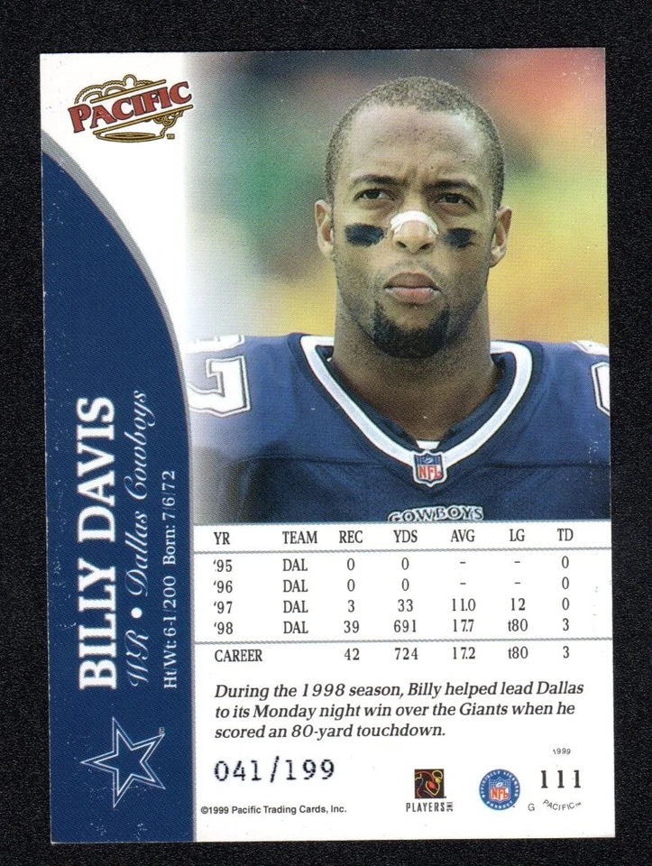 Billy Davis #111 Cowboys 1999 Pacific Gold #041/199 EX-MT Rare! - Image 2 of 2